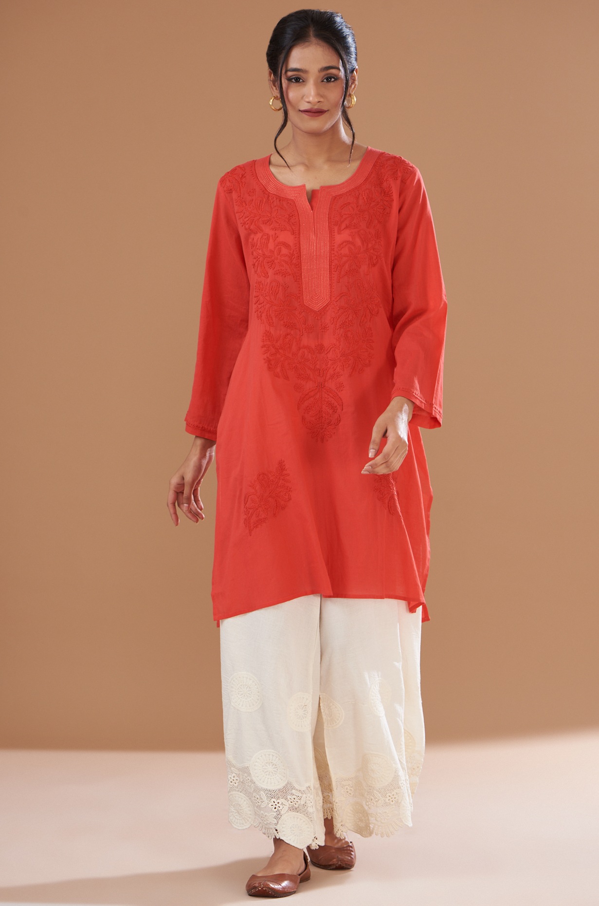 Lucknowi Chikankari Muslin Kaj Patti Frill Kurti Crimson - Muslin Silk /  Crimson / XL(42) | Kurti, Lehenga skirt, Phulkari suit